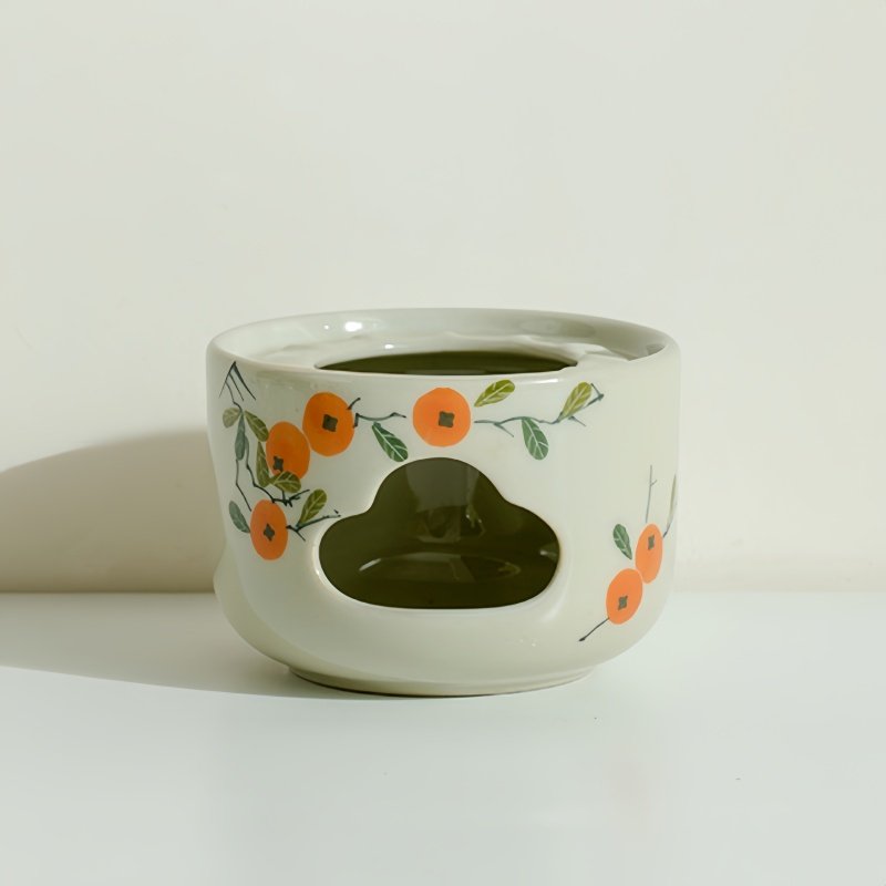 Antique Hand Painted Persimmon Pattern Ceramic Tea Pot Candle Warmer