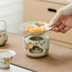Antique Hand Painted Persimmon Pattern Ceramic Tea Pot Candle Warmer