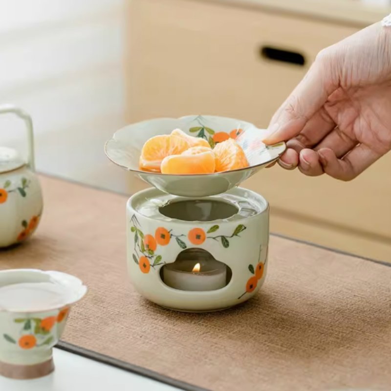 Antique Hand Painted Persimmon Pattern Ceramic Tea Pot Candle Warmer
