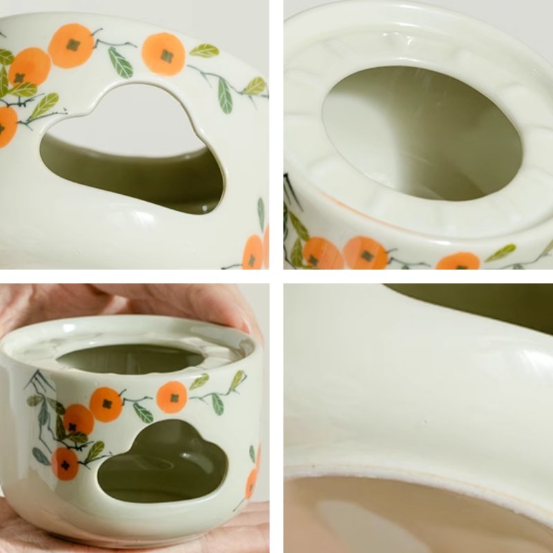 Antique Hand Painted Persimmon Pattern Ceramic Tea Pot Candle Warmer