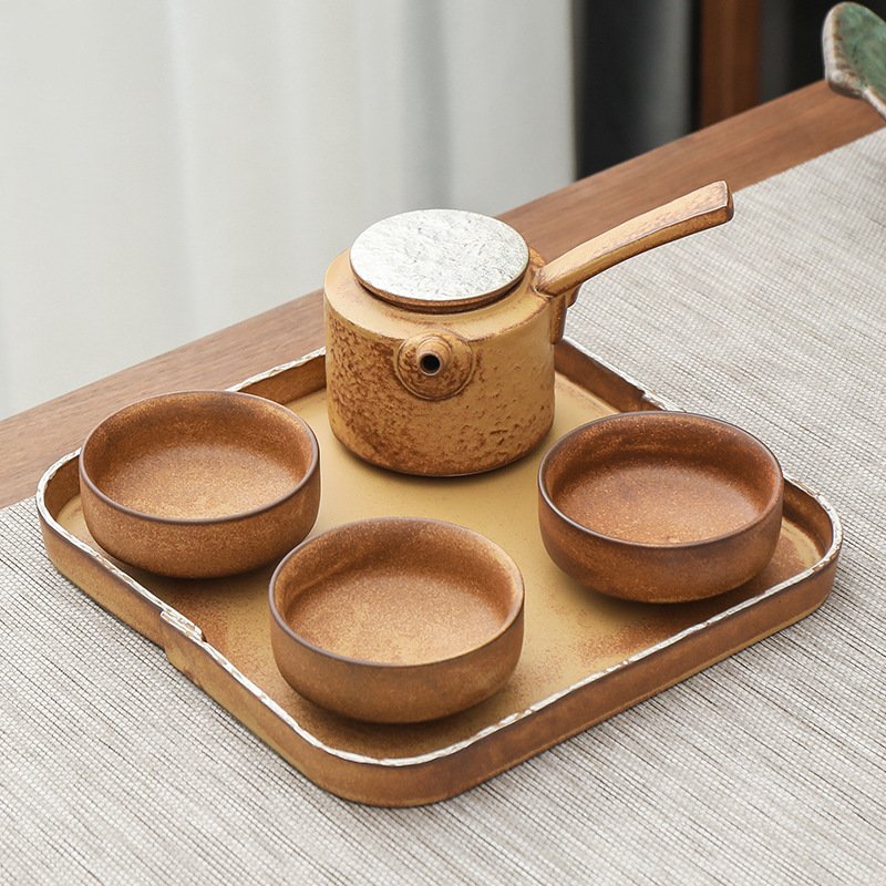 Brown & White  Antique Japanese Style Tea Kettle Sets Rough Pottery