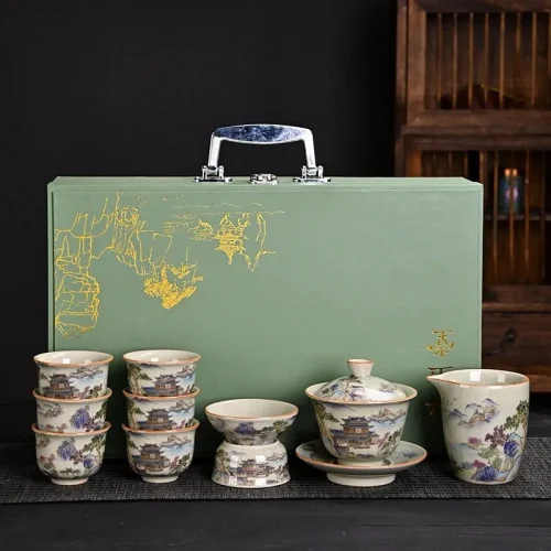 Antique Elegant Landscape Calligraphy Crack Glaze Ceramic Traditional Chinese Tea Ceremony Set