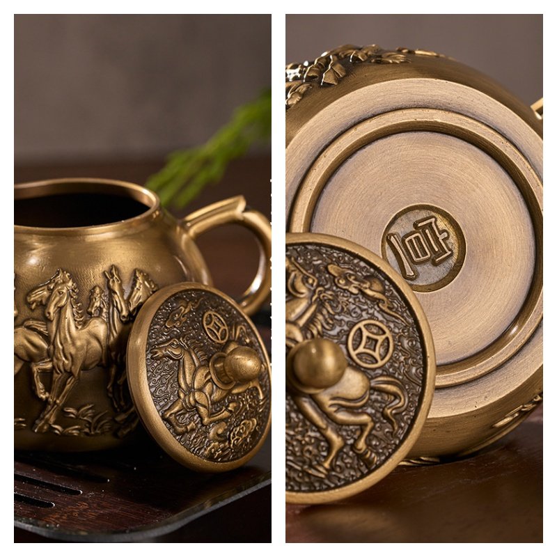 Handmade Brass Tea Kettle with Embossed Galloping Horse Symbolizing Success - Image 3