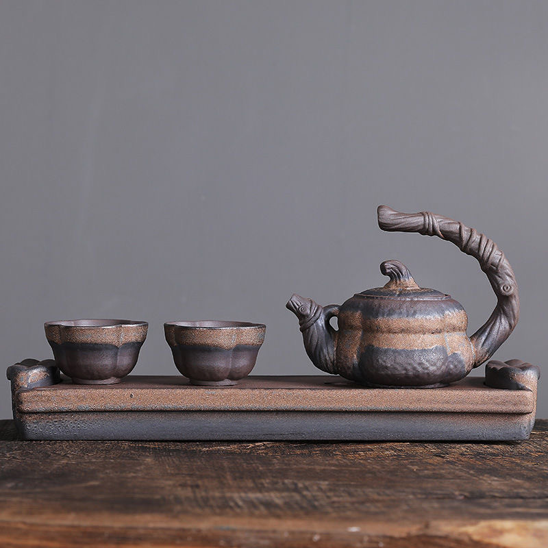 Black and Gold Antique Handmade Ceramic Japanese Tea Set