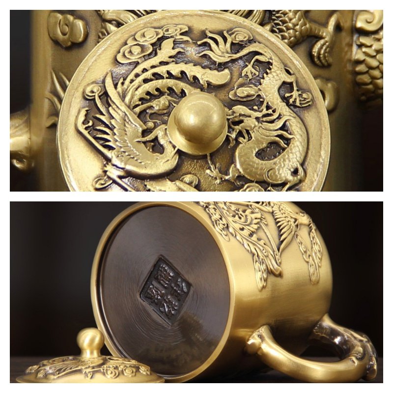 Luxurious Antique Brass Teapot with Embossed Dragon and Phoenix Lid for Sale - Image 3
