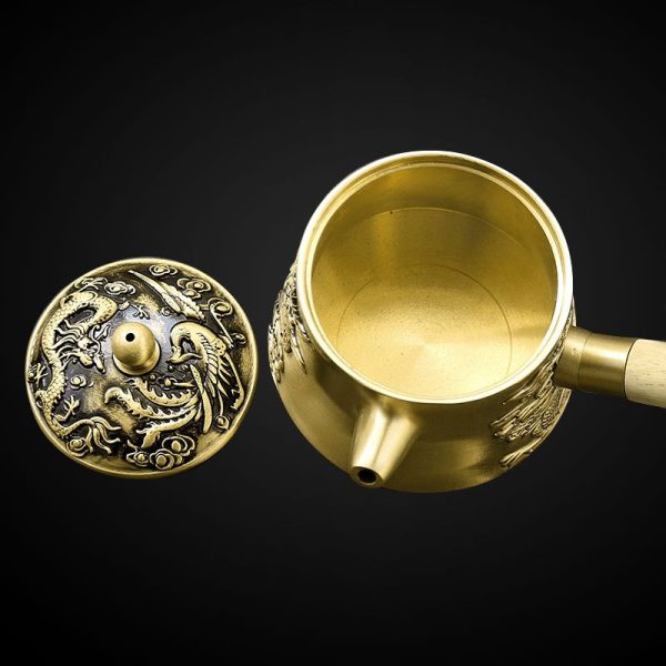 Small Handmade Brass Teapot with Dragon and Phoenix Design and Side Wooden Handle - Image 2