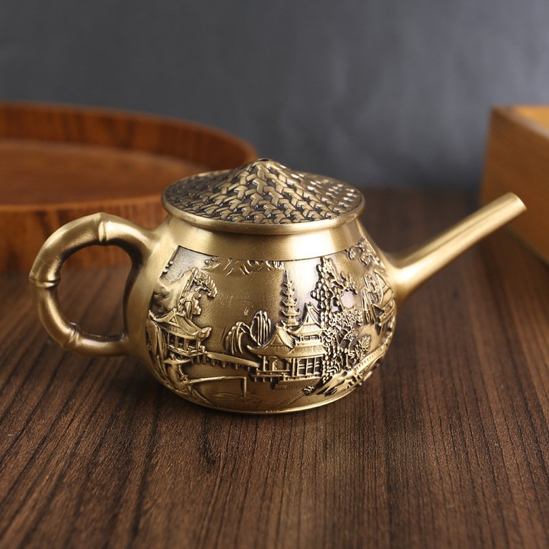 Exquisite Vintage Brass Teapot with Landscape Theme and Long Spout