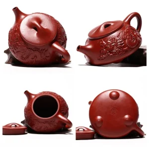 Vintage Authentic Yixing Clay Zisha Teapot with Maker's Marks Featuring Flying Dragon Design